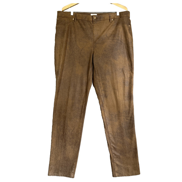 Chico's Pants 3/US XL Brown Tan Faux Suede Pull On Stretch Hemmed 30" Inseam - Picture 1 of 14